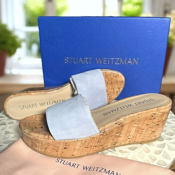 Stuart Weitzman $375 Summer Suede Leather Wedge Slide Sandals Cork Platform Slip - Picture 8 of 14